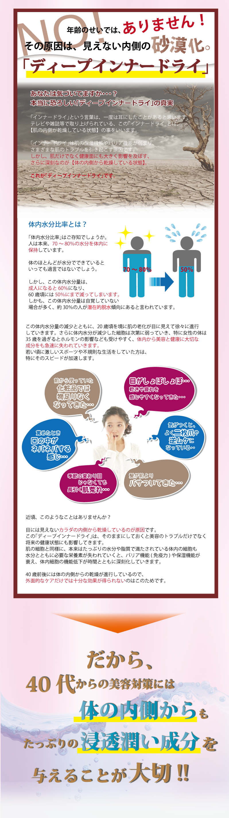 年齢のせいではありません！その原因は見えない内側の砂漠化。「ディープインナードライ」あなたは気づいていますか？本当に恐ろしい「ディープインナードライ」の真実。「インナードライ」という言葉は、一度は耳にしたことがあるでしょう。テレビや雑誌などで取り上げられている、この「インナードライ」とは、【肌の内側が乾燥している状態】のことを言います。「インナードライ」母だの保湿状態やバリア機能が弱まり、さまざまな肌のトラブルを引き起こす原因です。さらに進行すると、肌だけではなく健康面にも大きく影響を及ぼすさらに深刻な【体の内側から乾燥している状態】となり、これが「ディープインナードライ」と呼ばれる状態です。